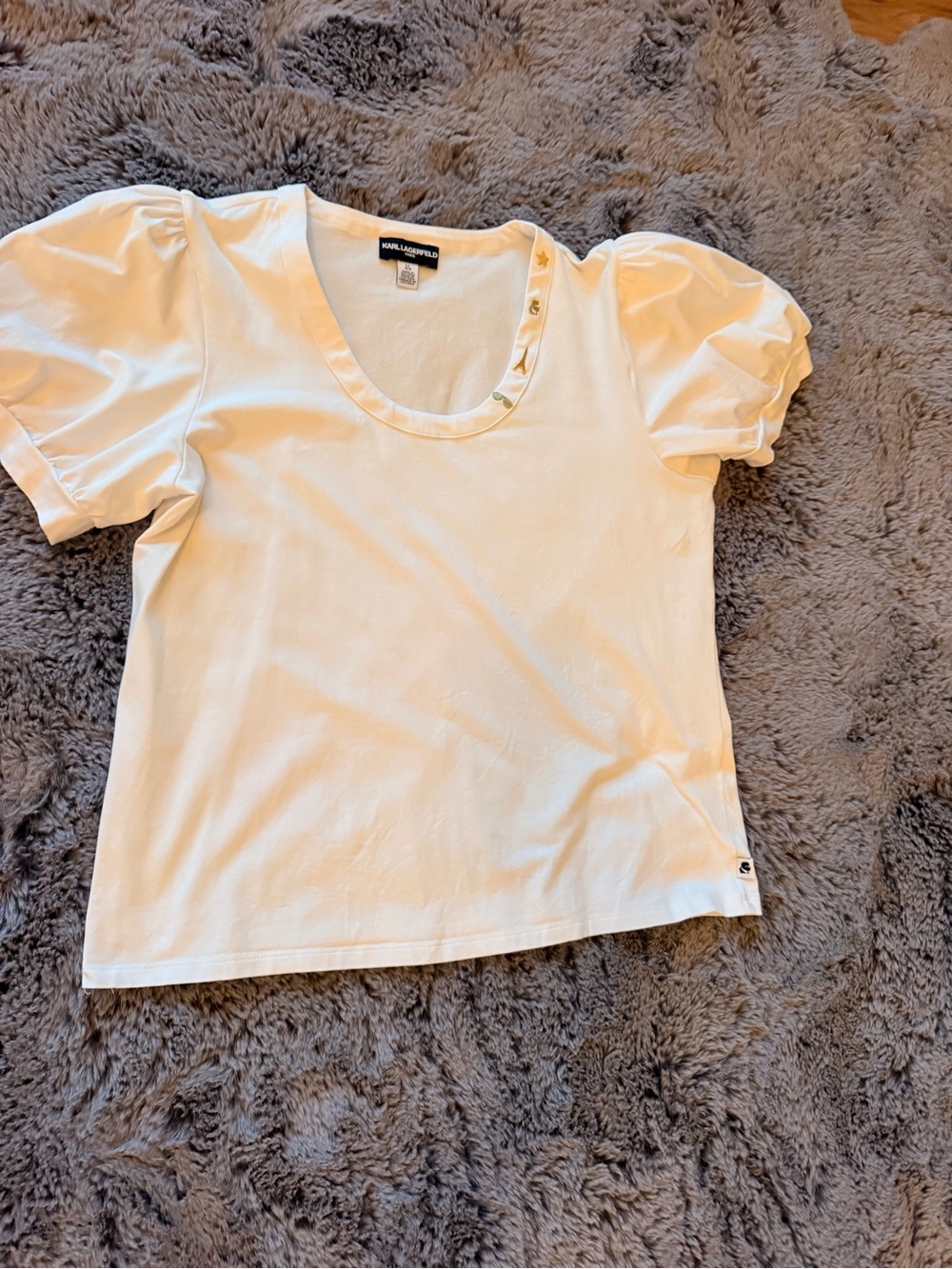 Karl Lagerfeld White Scoop Neck Puff Sleeve Tee with Snap Detail